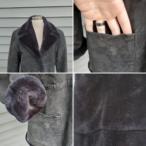 Vintage 90s y2k Bratz Black Leather Plush Faux Fur Lined Penny Lane Rancher Coat - Picture 5 of 8